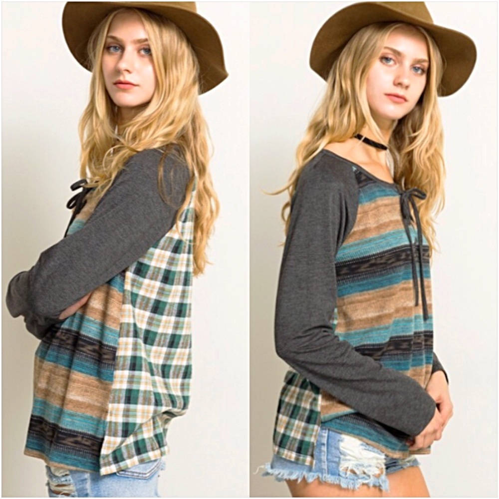 Boho Chic Plaid Striped Lace Up Front Top Small - Picture 2 of 8